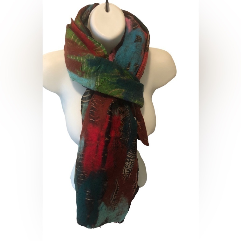Nepal Artsy Colorful Felted Merino Wool Silk Long Scarf 74X12 Winter